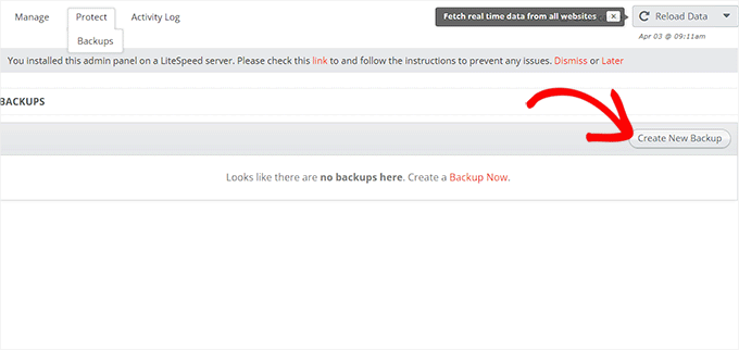Click Create New Backup button