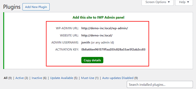 Copy the InfiniteWP client details