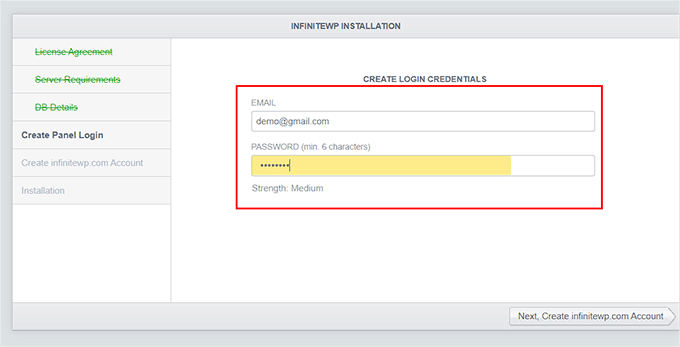 Create login credentials for InfiniteWP