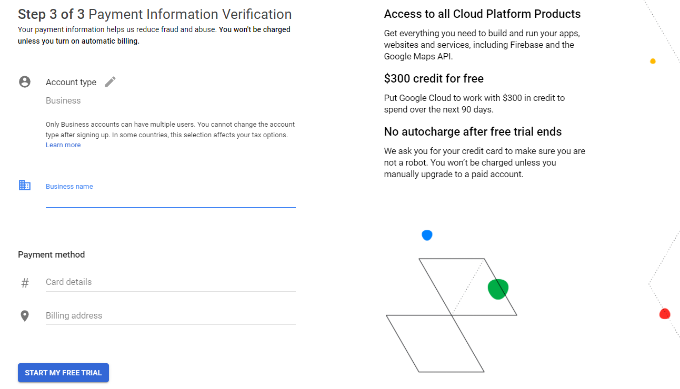 Enter business name and payment details