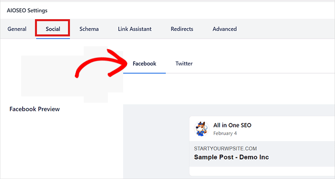 Go to the Facebook tab in the AIOSEO Social settings