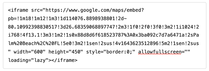 Code d'intégration iFrame de Google Maps dans l'éditeur de blocs