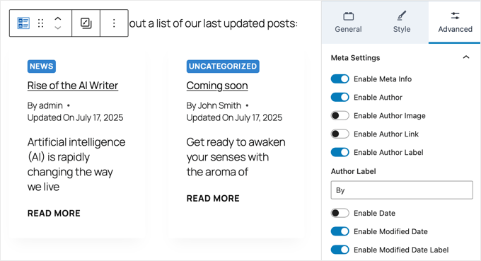 Configuración del bloque de publicaciones de Kadence
