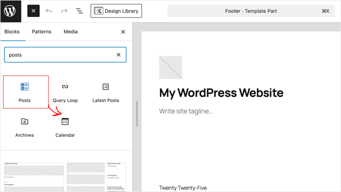 Añadir el bloque de publicaciones de Kadence a una parte de plantilla de tema de bloques