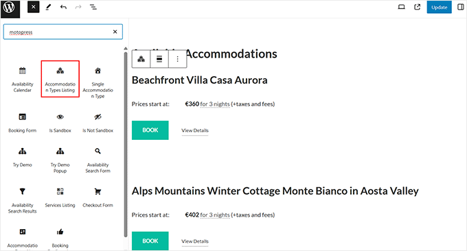 List all the accommodations using the block