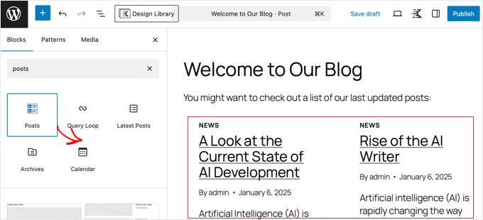 Añadir el bloque de publicaciones de Kadence en el editor de WordPress