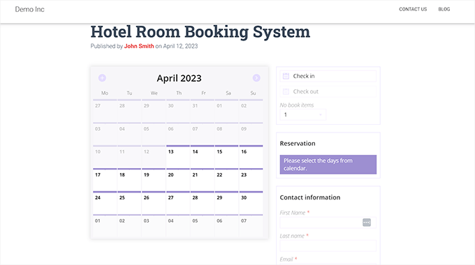 Preview of the hotel booking system