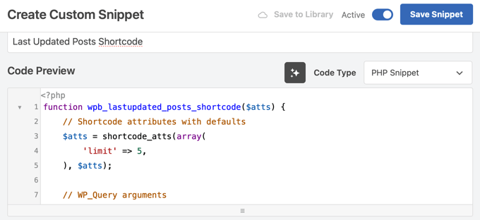 Activar y guardar el fragmento en WPCode