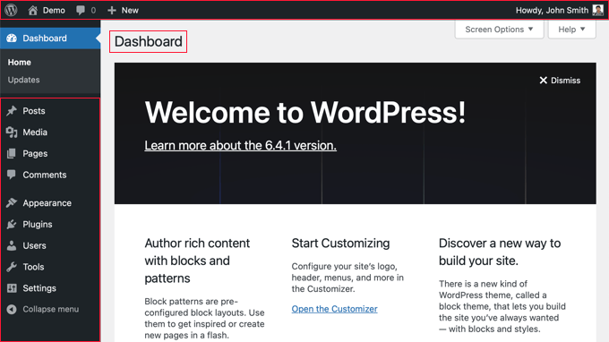Areas of the WordPress Dashboard