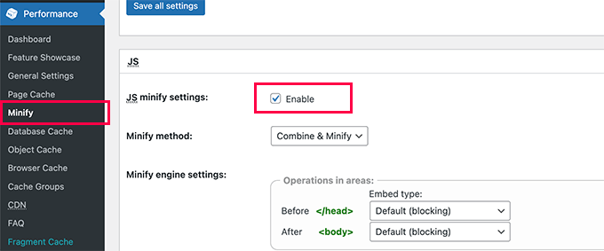 JS minify را در W3 Total Cache فعال کنید