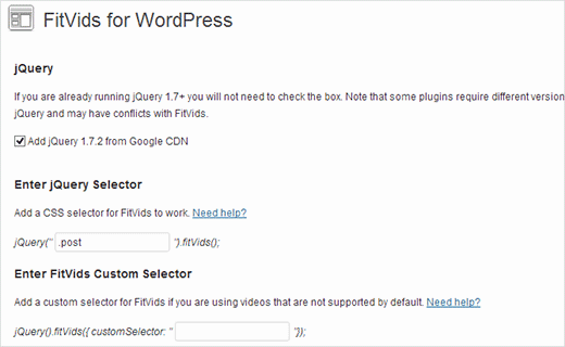 FitVids pour les paramètres du plugin WordPress