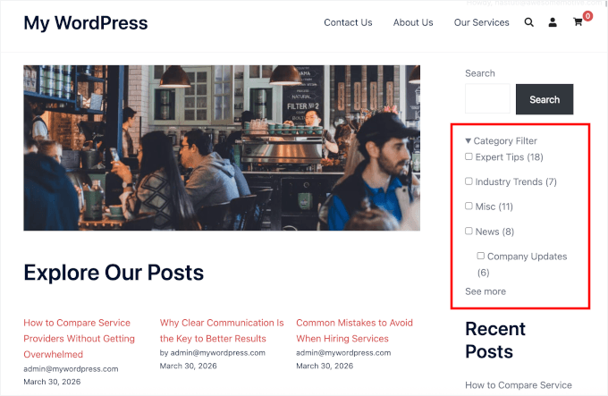 Widget WPFilters pe un site live