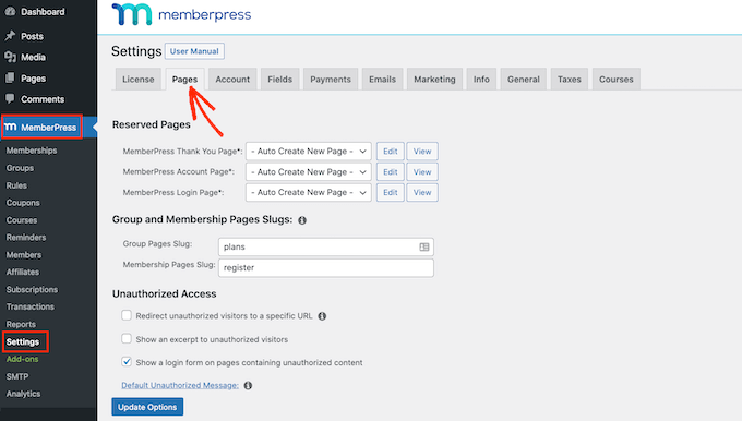The MemberPress membership plugin settings