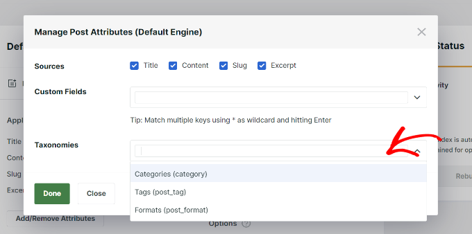 Select which taxonomies to add to search