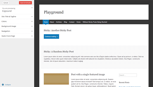 Theme preview screen in development versions of WordPress 3.8