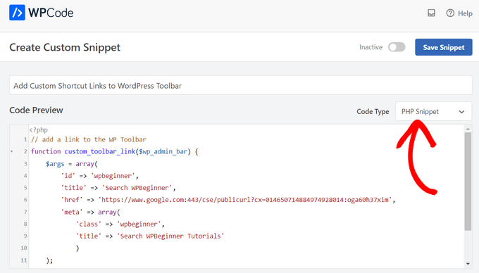 Paste code snippet into WPCode plugin