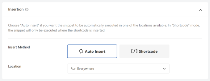 Select the default Auto Insert method in WPCode