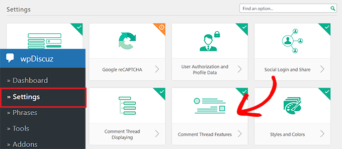 Click the Comment Thread Feature option on the settings page