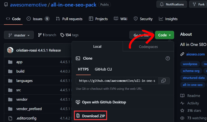 Download do zip do GitHub