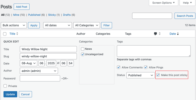 Using Quick Edit to Make a Post Sticky