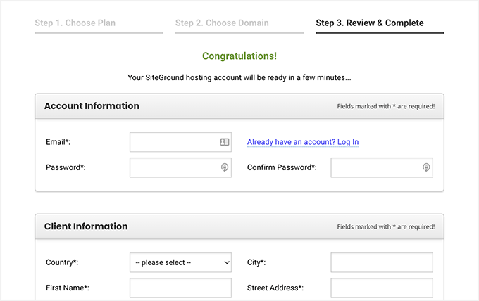 Enter your account and client information details