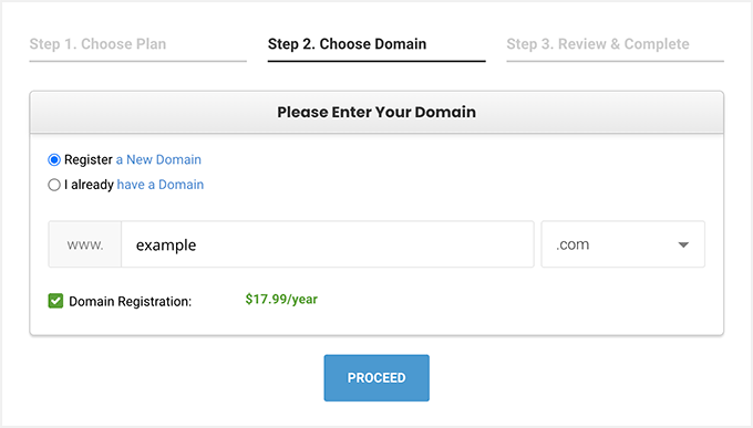 Type in the domain name you want to register or enter a domain you already have