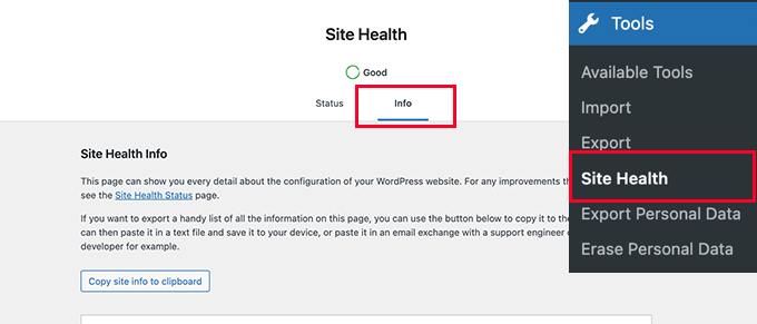 Site health info
