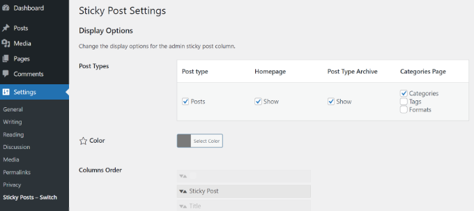 Sticky posts switch settings