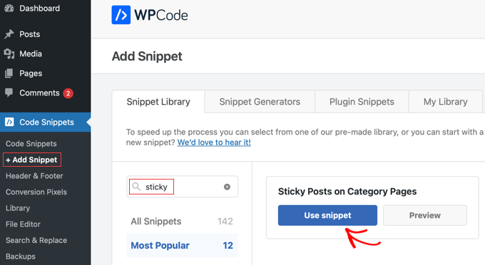 Selecting the Sticky Posts on Categories Snippet in WPCode