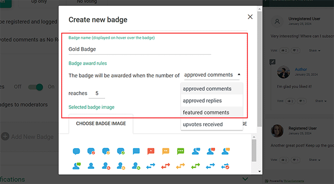 Configure award rules for badges