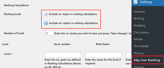 Configure ranking level calculations