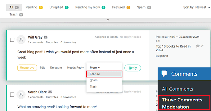 Feature, edit, delete, or approve a comment from the Thrive moderation dashboard