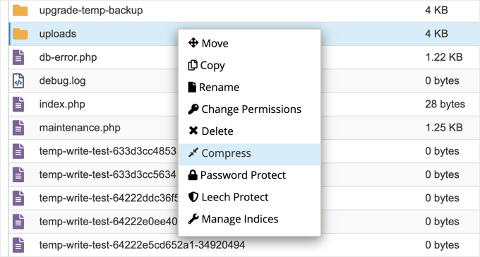 Compressione della cartella Uploads in Gestione file di cPanel Compressione della cartella Uploads in Gestione file di cPanel
