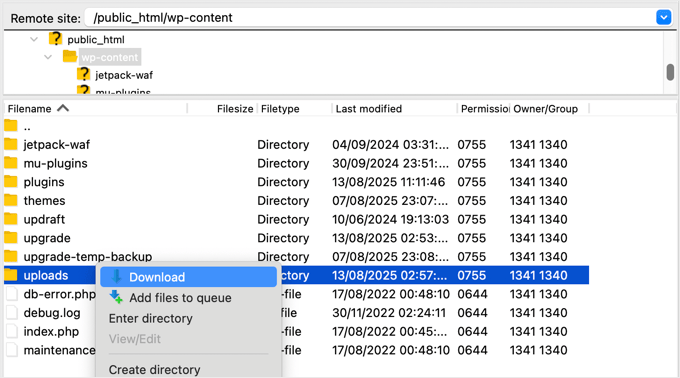 Utilizzo di un client FTP come FileZilla per scaricare la cartella 'uploads' dal server remoto. Utilizzo di un client FTP come FileZilla per scaricare la cartella 'uploads' dal server remoto.