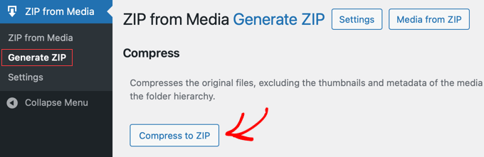 La pagina del plugin Zip from Media con il pulsante 'Comprimi in ZIP'. La pagina del plugin Zip from Media con il pulsante 'Comprimi in ZIP'.