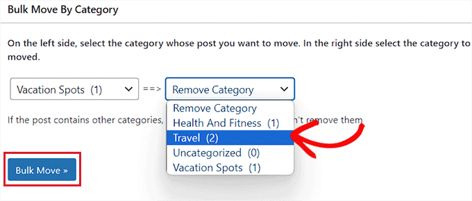 Choose the category you want to bulk move the posts to