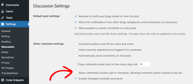 Debifarea casetei de selectare Afișare cookie-uri de comentarii, permițând setarea cookie-urilor autorului comentariului