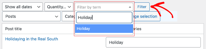 Välj den kategori eller tagg som du vill filtrera efter i TaxoPress