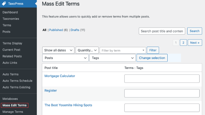 TaxoPress Massredigera termer