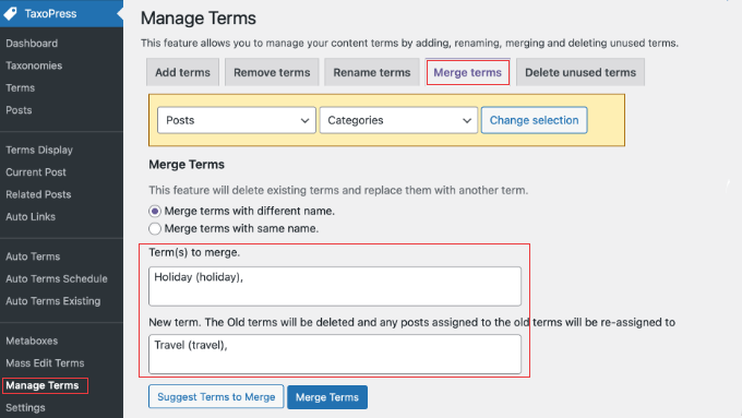 TaxoPress Hantera termer