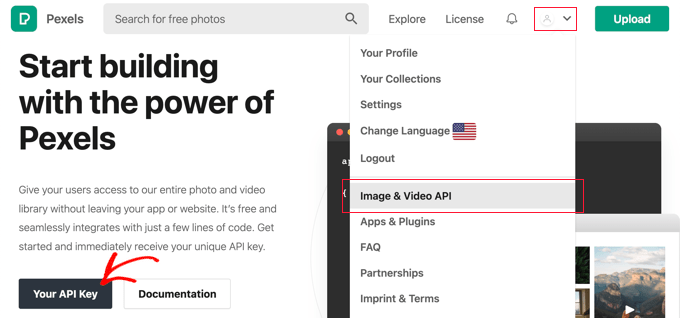 从用户菜单中选择“图像和视频 API”，然后单击“您的 API 密钥”按钮