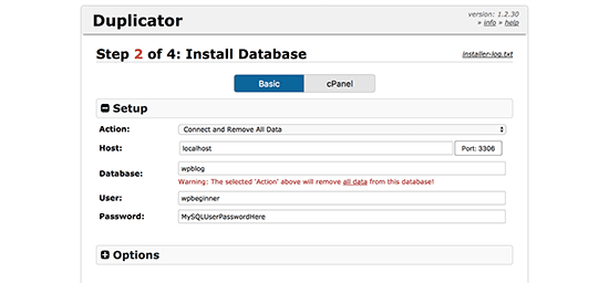 Enter database details