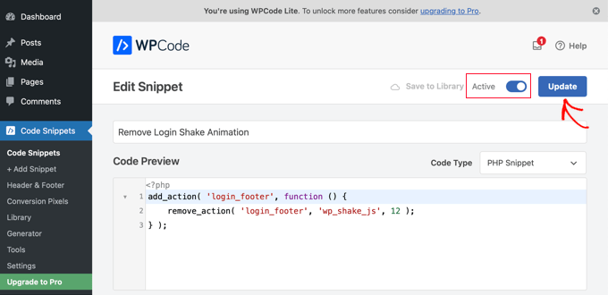 Activating the Snippet in WPCode Activating the Snippet in WPCode
