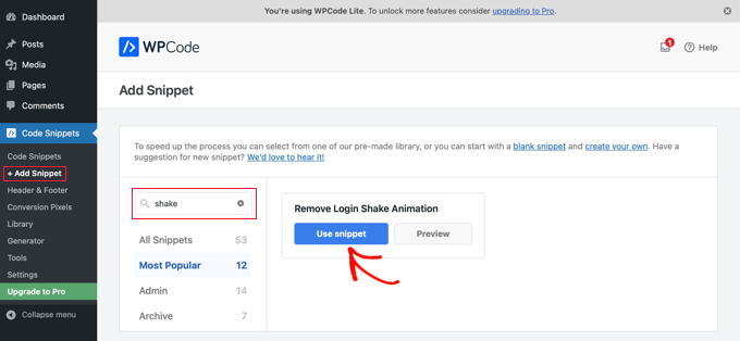 Selecting the Remove Login Shake Animation Snippet in WPCode