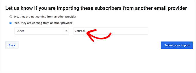 Choose Jetpack as the email provider you're switching from