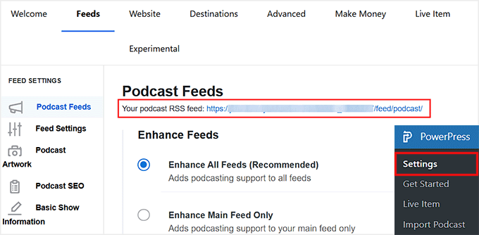 Copiar la URL del feed del podcast desde Blubrry powerPress