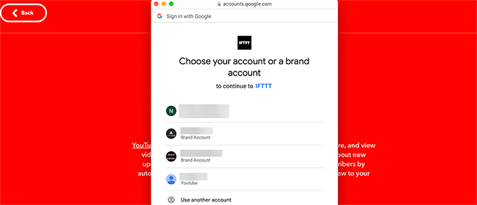 IFTTT select YouTube account to connect