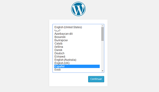 Choosing a language during WordPress installation