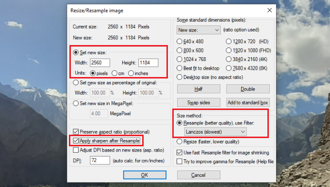 Change resize image settings