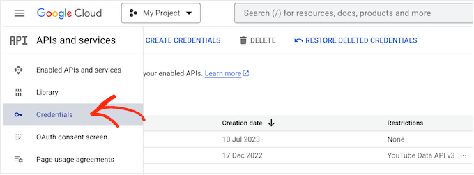 Creating credentials in the Google Cloud platform